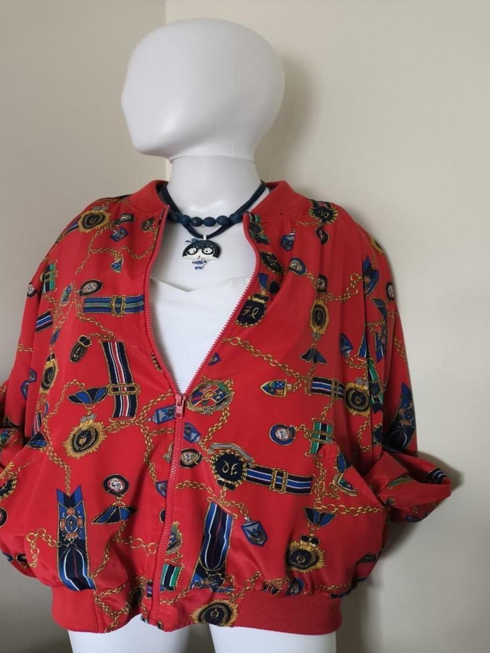 Alfred Dunner Red Bomber Jacket with Chain & Medal Print